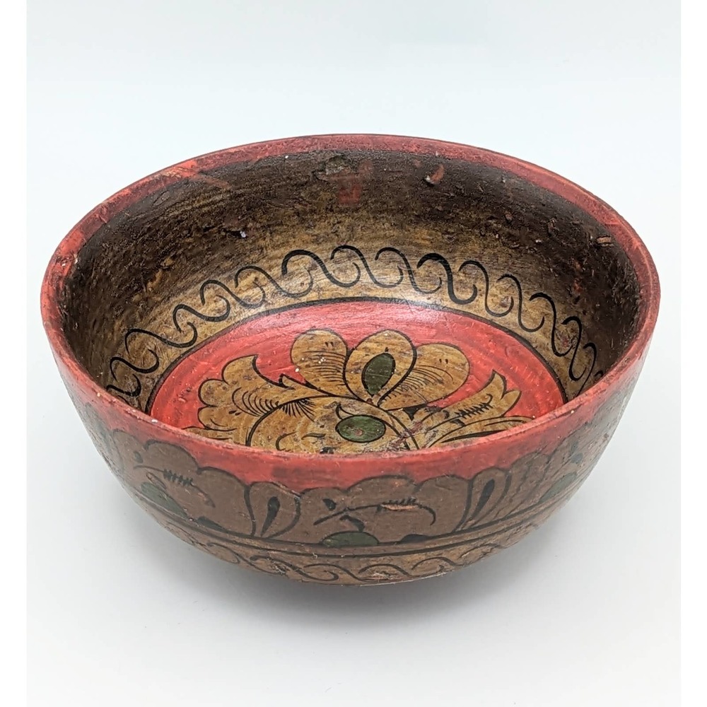Vintage Russian Soviet Union folk art painted wooden bowl small red black gold